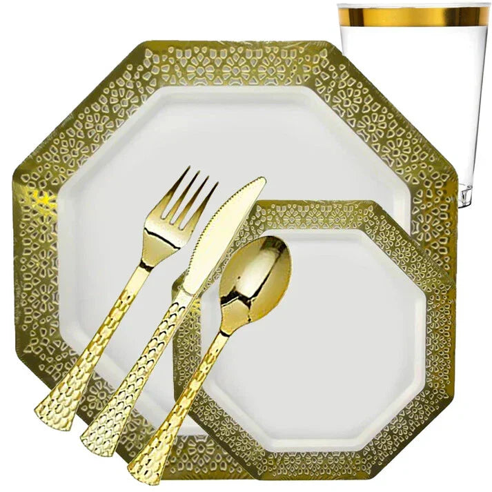 LACETAGON COLLECTION Disposable Gold Plastic Tableware Set Wedding Party Package