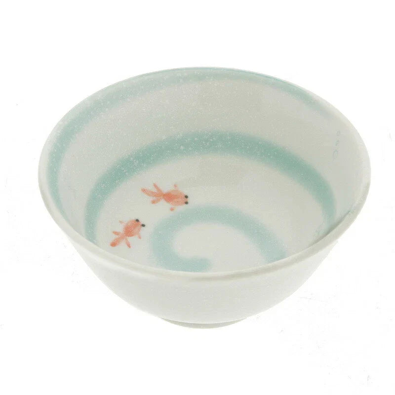 Japanese Rice Soup Bowl 5.25"D Porcelain Kingyo Goldfish Swirls, Made in Japan
