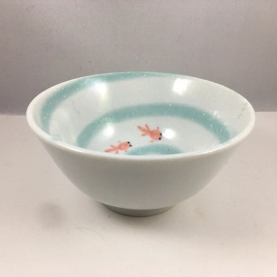 Japanese Rice Soup Bowl 5.25"D Porcelain Kingyo Goldfish Swirls, Made in Japan