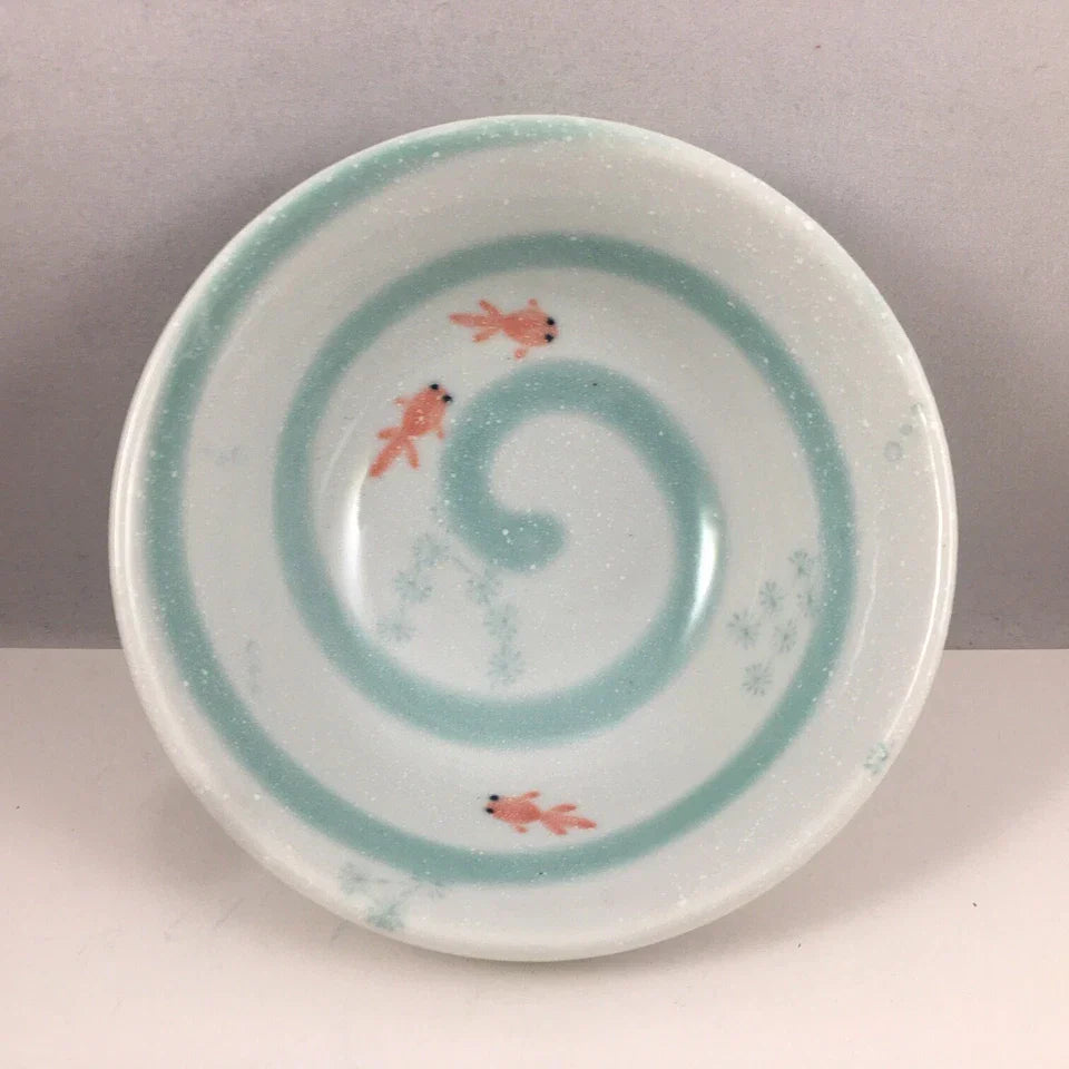 Japanese Rice Soup Bowl 5.25"D Porcelain Kingyo Goldfish Swirls, Made in Japan