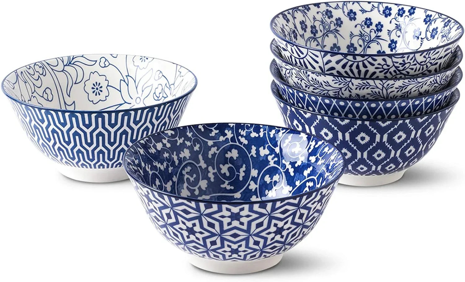 Blue and White Porcelain 20Oz Cereal Bowl Set - Set of 6, 6 Inch Soup Bowls, Cer