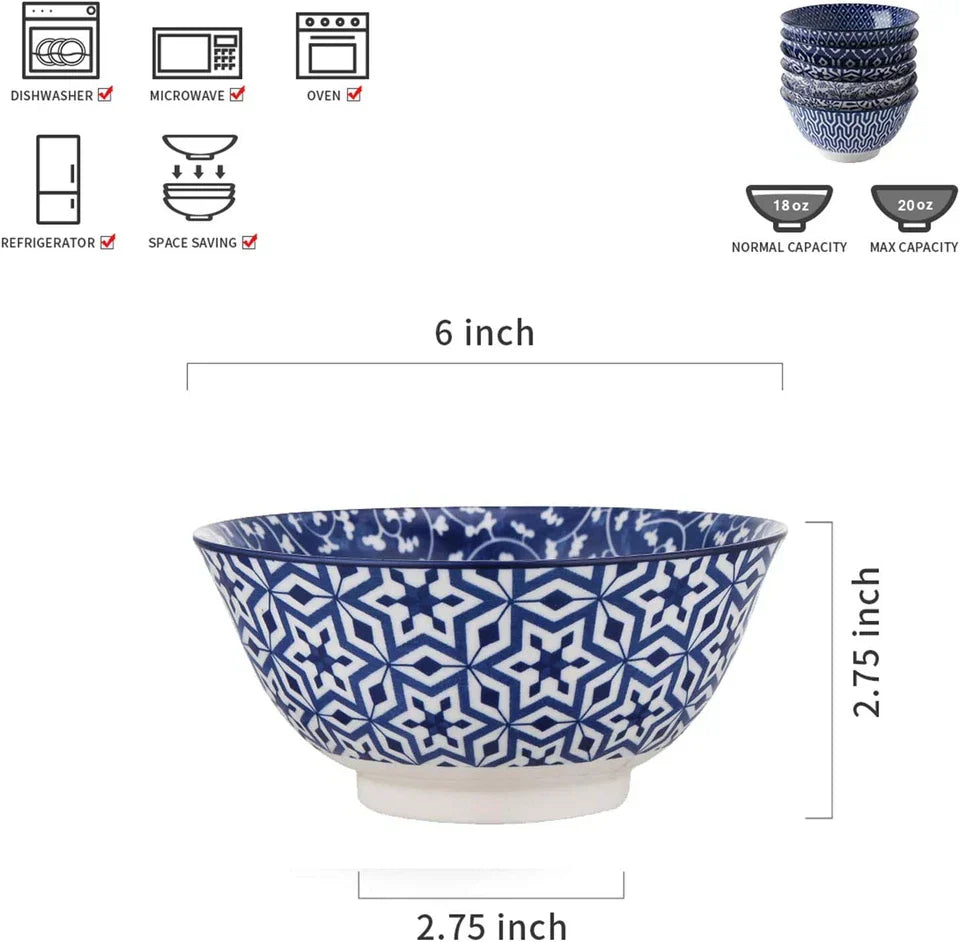 Blue and White Porcelain 20Oz Cereal Bowl Set - Set of 6, 6 Inch Soup Bowls, Cer