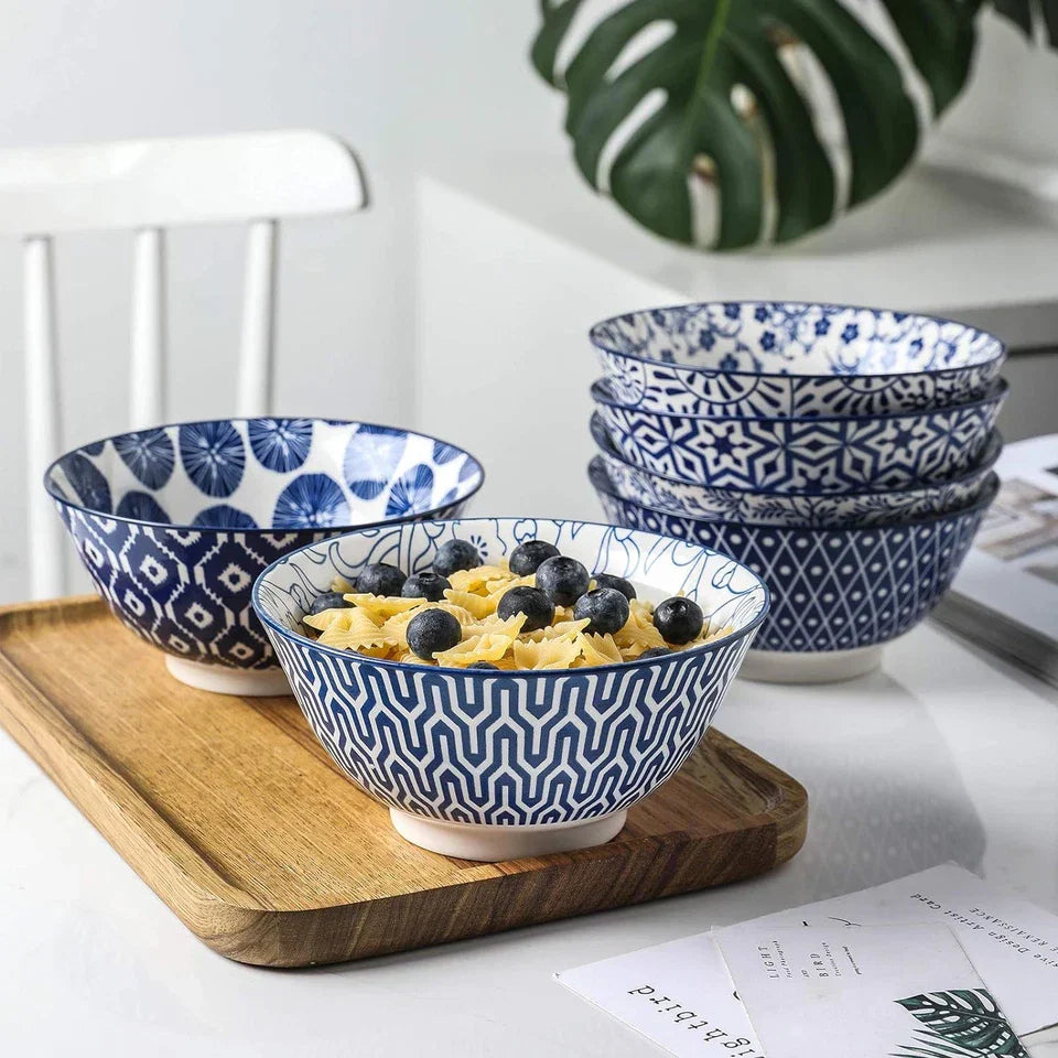 Blue and White Porcelain 20Oz Cereal Bowl Set - Set of 6, 6 Inch Soup Bowls, Cer