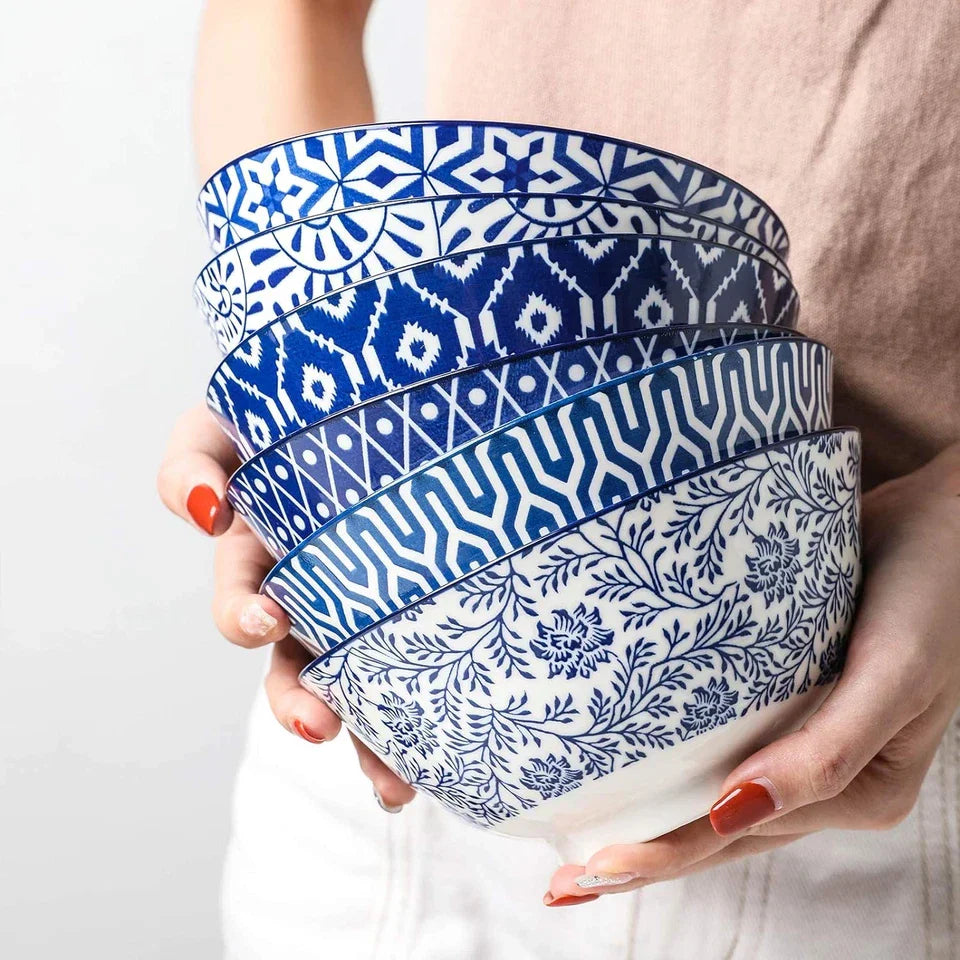 Blue and White Porcelain 20Oz Cereal Bowl Set - Set of 6, 6 Inch Soup Bowls, Cer