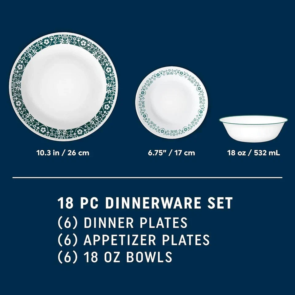 Corelle Penelope 18-Piece Emerald Green Glass Dinnerware Set Service for 6
