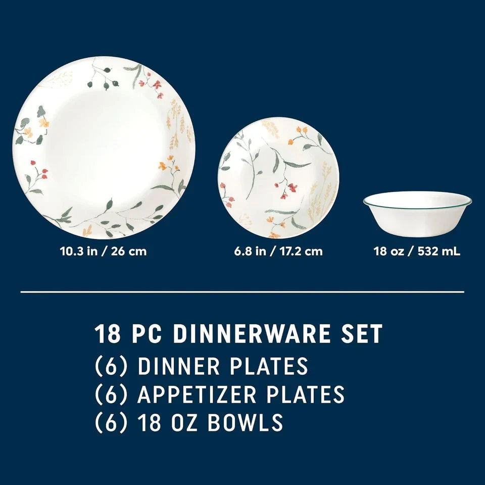 Corelle Vitrelle 18 Piece Glass Dinnerware Sets Service for 6, Triple Layer Chip