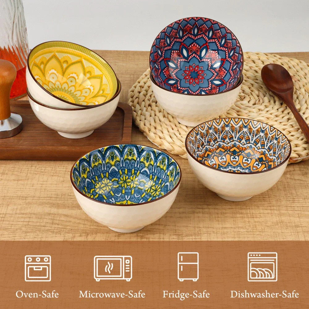 10 oz Bohemian Grain Fruit Bowl Set - 6 Colorful Ceramic Rice Bowls, for Snacks